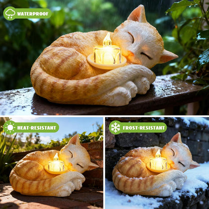 Sleeping Cat Candle Holder Statue Realistic Resin Cat Figurine with Candle Tray Outdoor Garden
