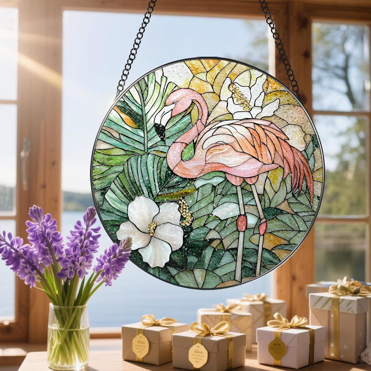 8″ Stained Glass Window Hanging Ornament, Flamingo Stained Glass Suncatcher Ornament, Sun-Catcher