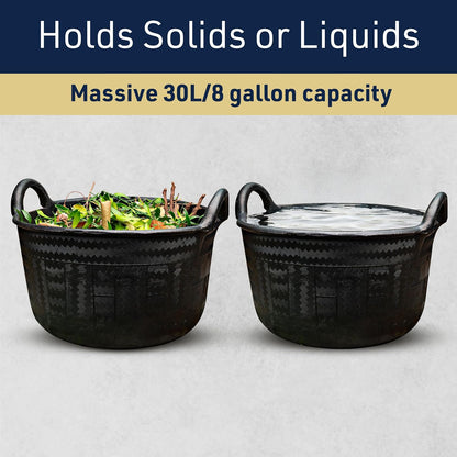Large Bucket with Handles - 30L/8-Gal Natural Rubber Bucket - Multi Use Yard Waste Bin, Harvesting