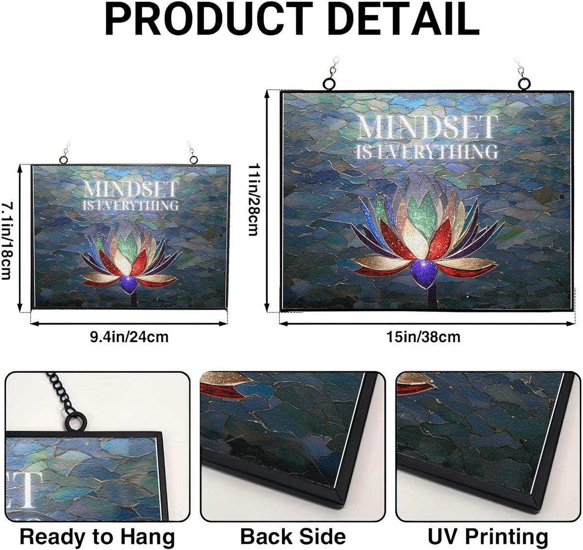 Customized Rectangle Lotus Motivational Wall Art Stained Glass Suncatcher Window Hanging, Gothic
