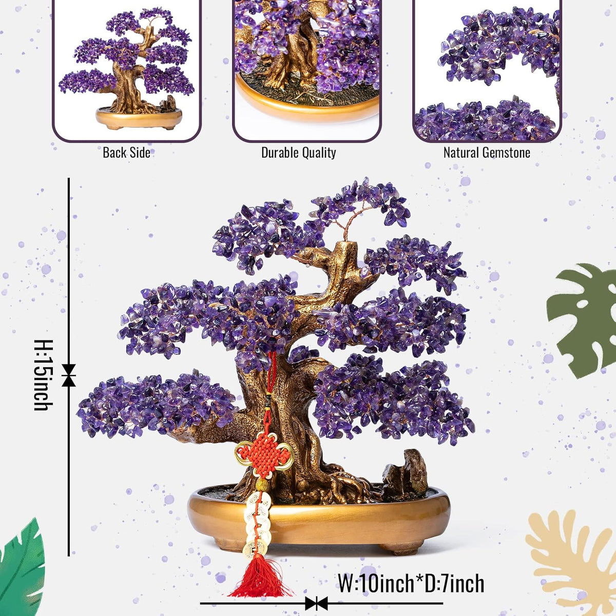 Natural Amethyst Gemstone Crystal Bonsai Tree of Life Large Feng Shui Money Chakra Tree for Luck
