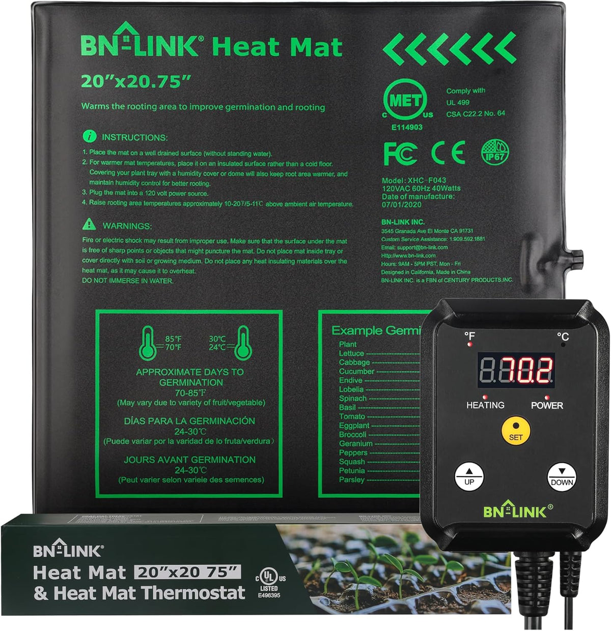 BN-LINK Seedling Heat Mat Heating Pad 20" x 20.75" with Digital Thermostat Controller Combo Set