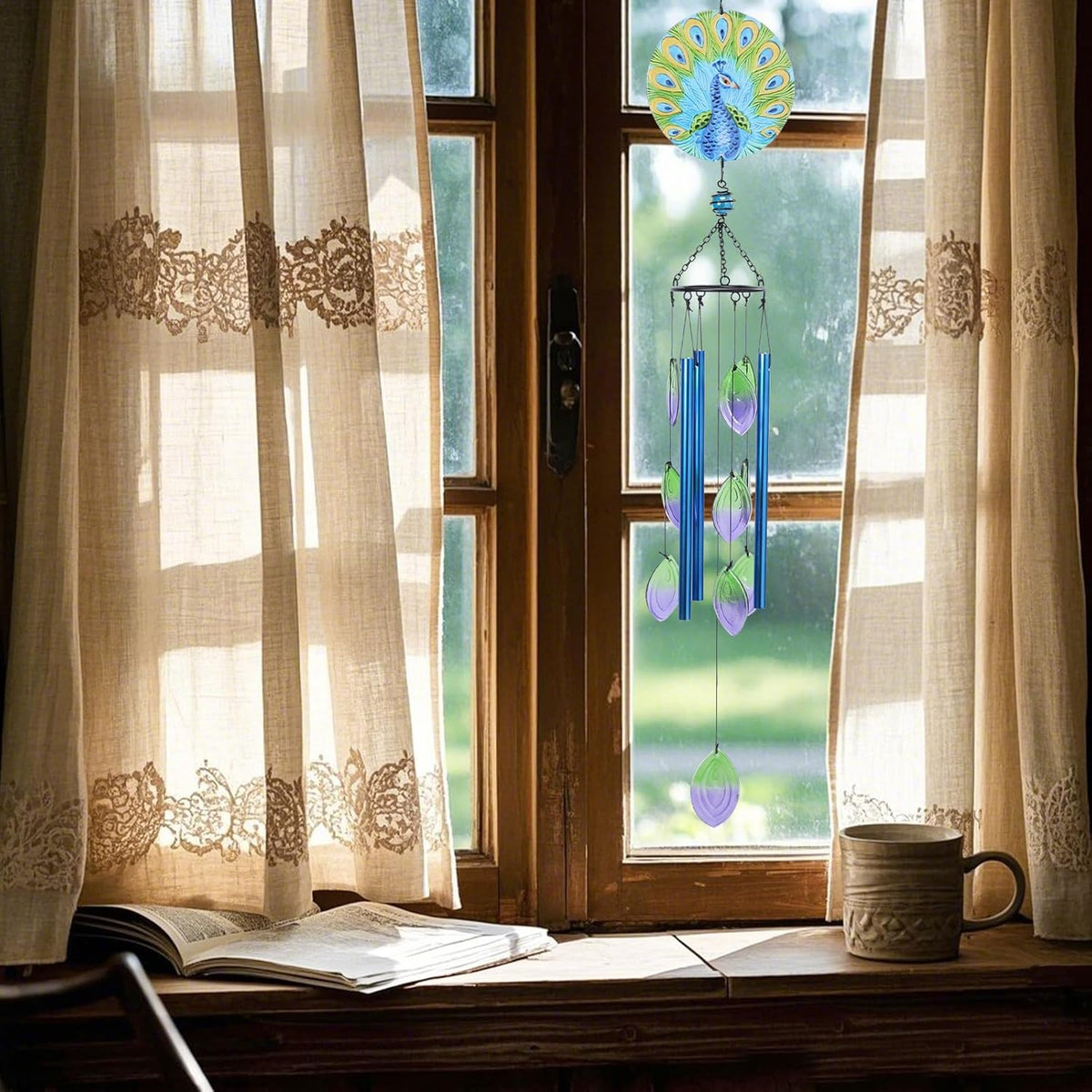 MUMTOP Wind Chimes for Outside-Glass Peacock Wind Chime - Deep Tone Windchimes Outdoors Unique for