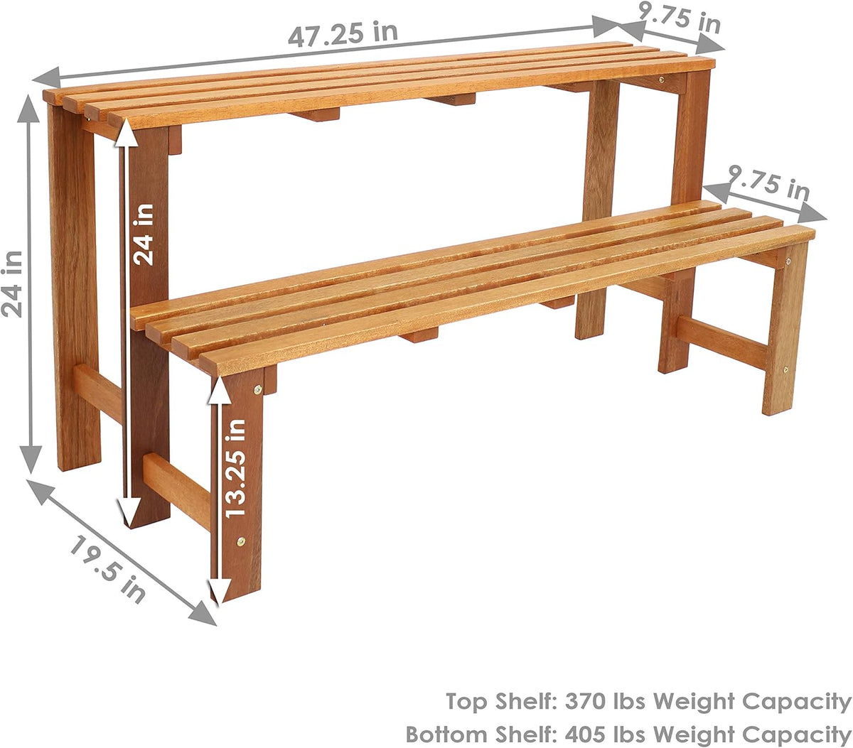 Sunnydaze 2-Tier Meranti Outdoor Wood Plant Stand - Indoor Plant Bench with Teak Oil Finish
