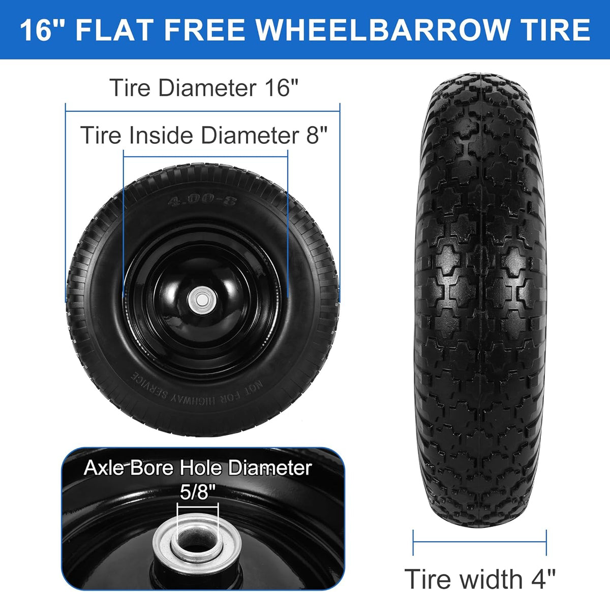 16" Flat Free Wheelbarrow Tires, 4.80/4.00-8" Flat-Free Solid Tire with 5/8" Axle Bore Hole for