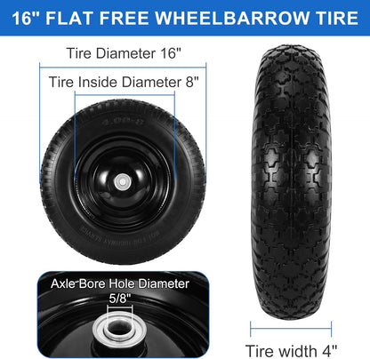 16" Flat Free Wheelbarrow Tires, 4.80/4.00-8" Flat-Free Solid Tire with 5/8" Axle Bore Hole for