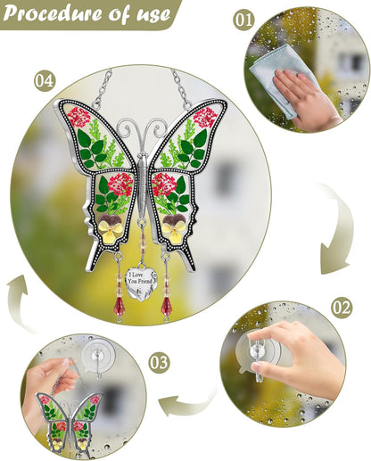 KY&BOSAM Gifts for Women I Love You Friend Butterfly Suncatcher with Pressed Real Flower Stained