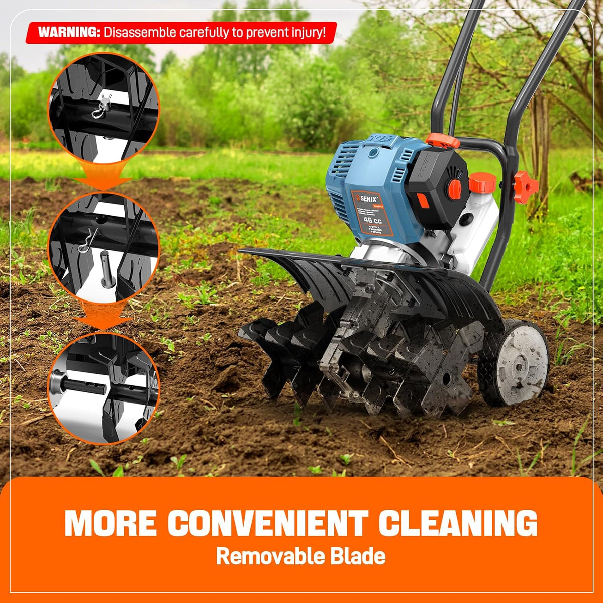 SENIX 4QL 4-Cycle Gas Powered Tiller Cultivator, 46cc Full Crank Engine, 15-Inch Tilling Width