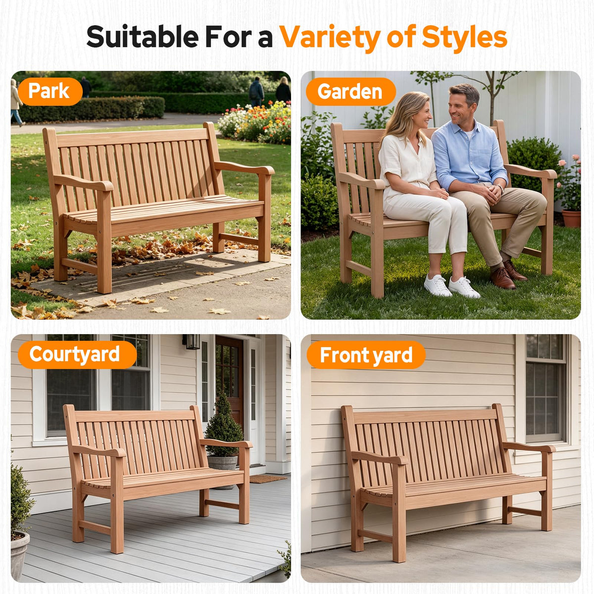 Psilvam 2-Person Outdoor Bench with 700 Lbs Weight Capacity, Teak