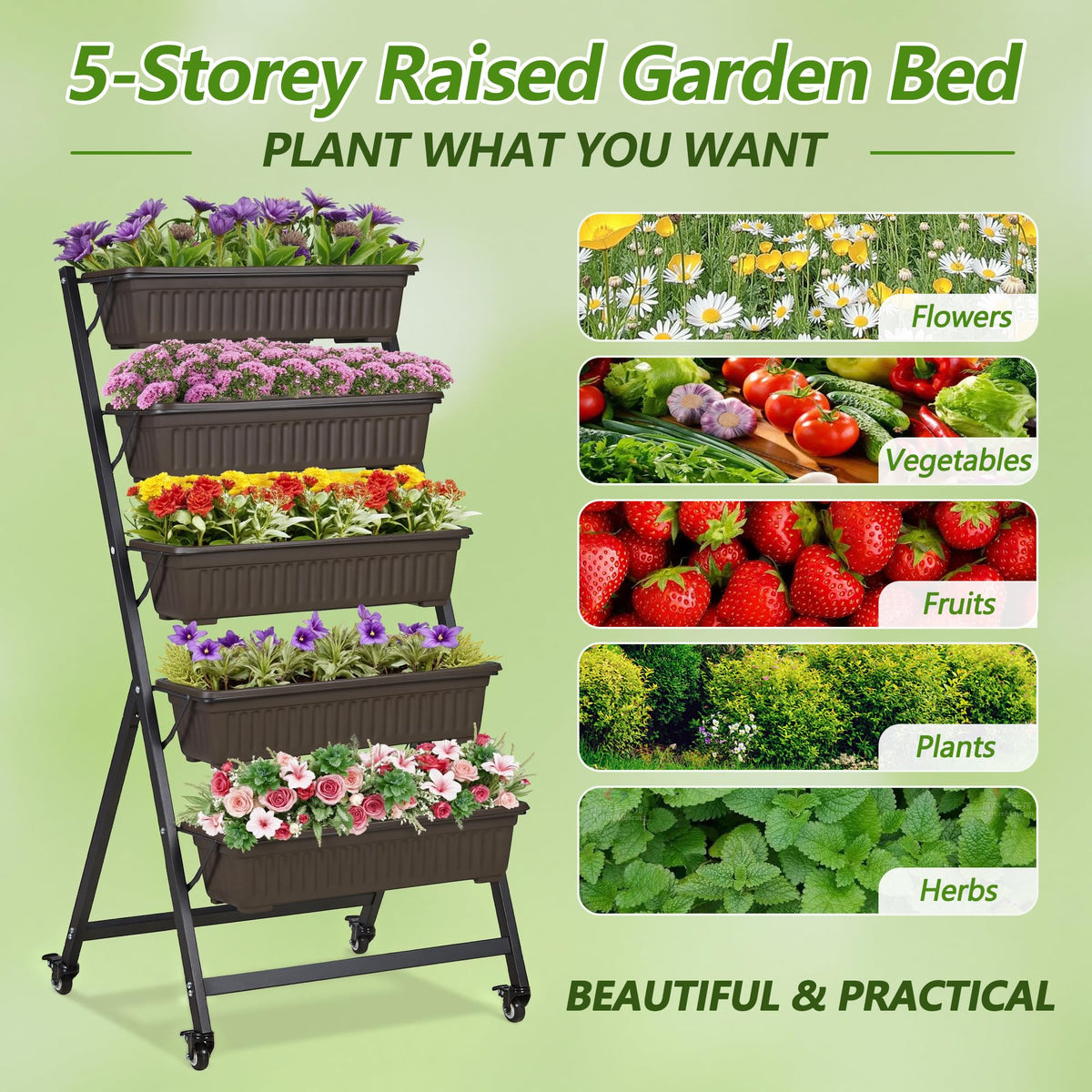 VECELO 5-Tier Vertical Garden Bed, Freestanding Elevated Raised Garden Planter with 5 Garden