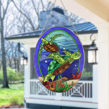 Hanging Ornament, Sea Turtle Stained Glass Window Hangings Suncatcher, 10 inches, Multicolored