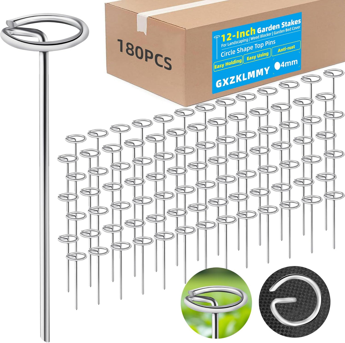 12 Inch 180Pcs Thick 8 Gauge 0.16 in Circle Top Landscape Fabric Pins Hard Holding,Galvanized