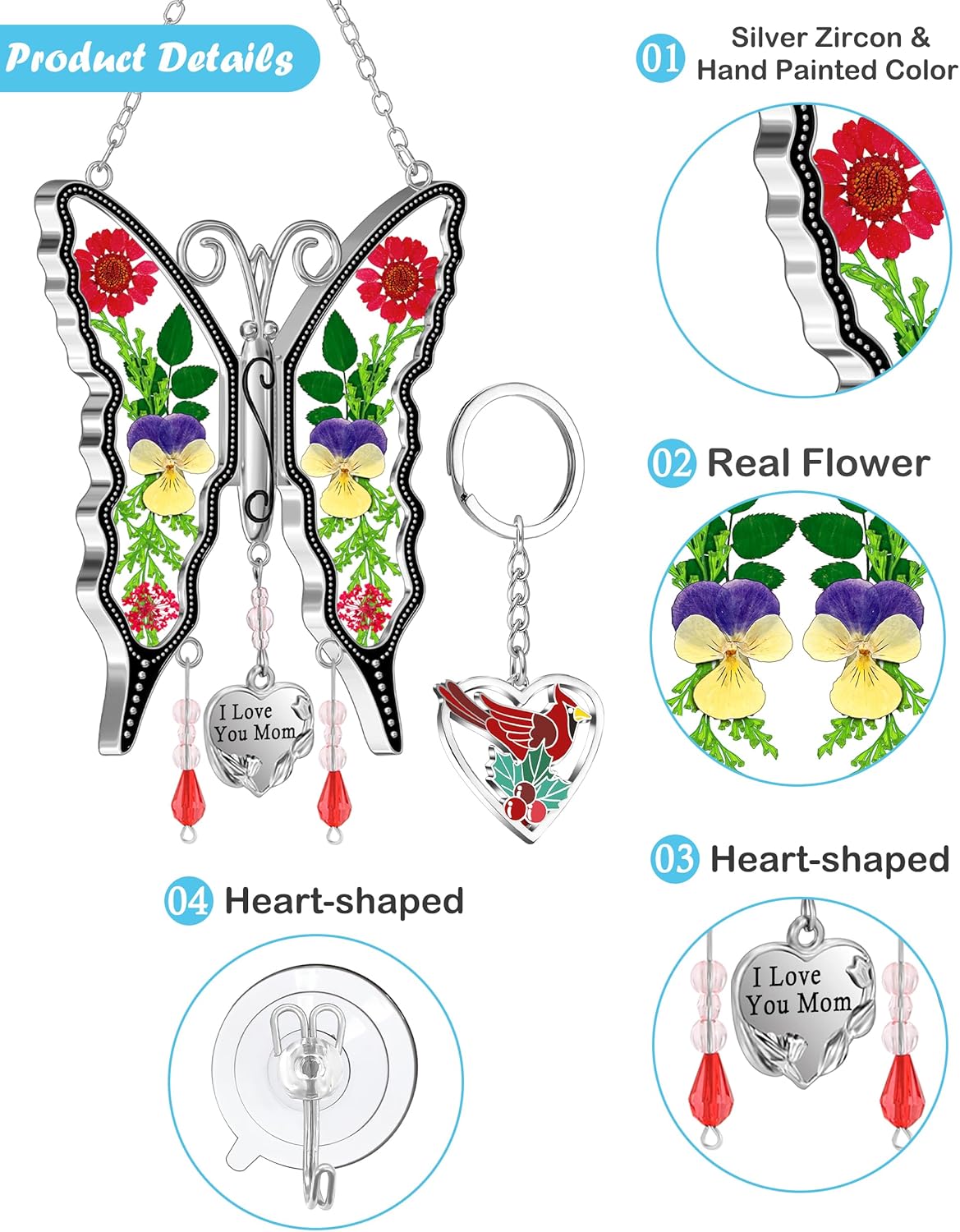 KY&BOSAM Butterfly Suncatcher I Love You Mom Gifts for Mom Pressed Flower Between Wings Glass for