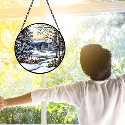 Stained Glass Window Hanging, Winter Snow Landscape Suncatcher Diamond Glass Panel Sun Catchers