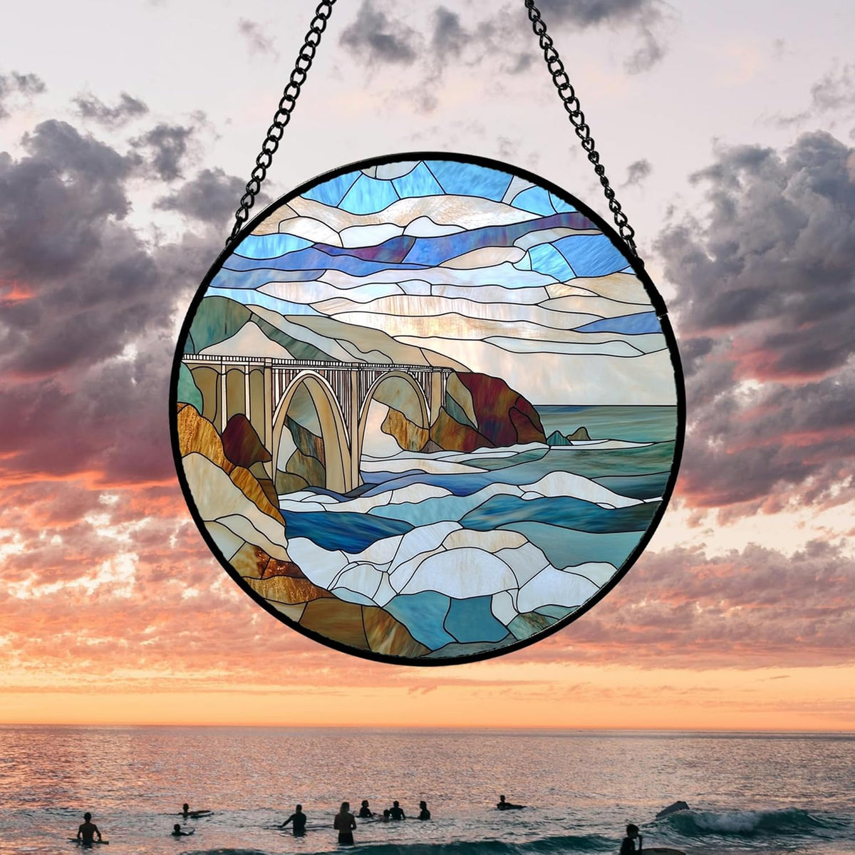 Stained Glass Window Hanging 4 Pcs Set Ocean Waves Large 15" - Blue and White Sea Suncatcher Door