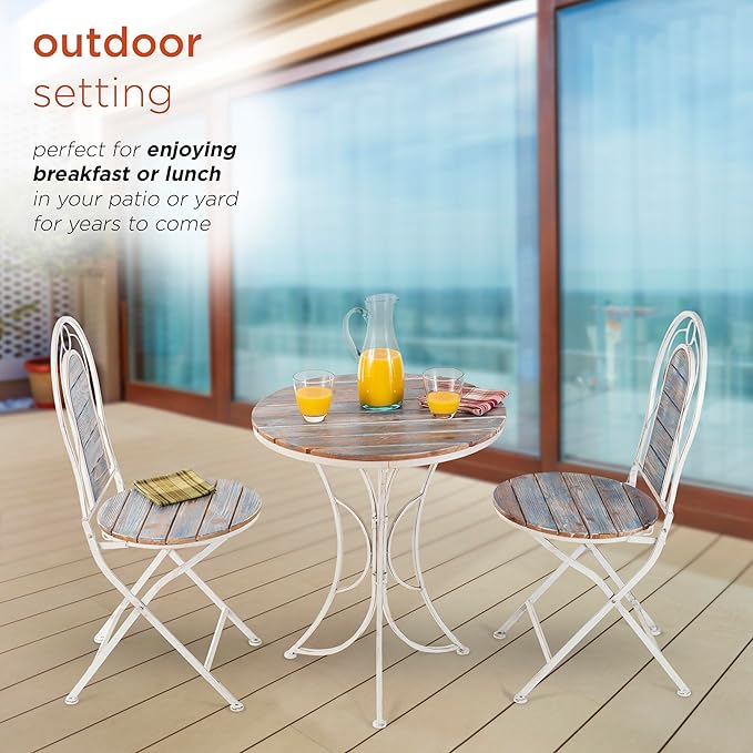 Alpine Corporation Indoor/Outdoor 3-Piece Wood and Metal Bistro Set Table and Folding Chairs Patio
