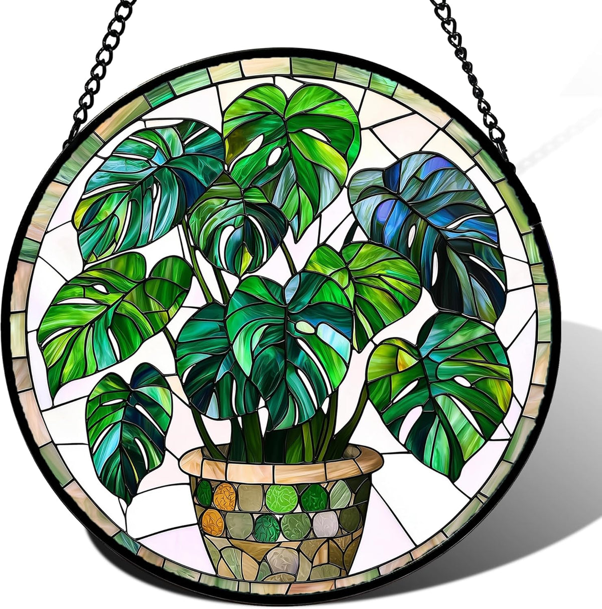 Stained Glass Window Hanging, Green Plant Monstera t Suncatcher Diamond Colorful Glass Panel Sun