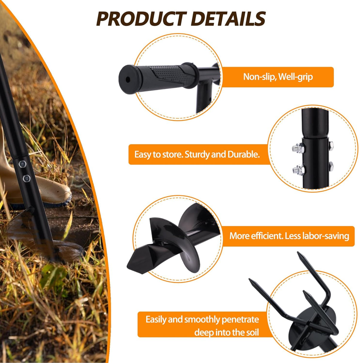 2 in 1 Hand Auger Spiral Drill for Planting, 4 X 44.5inch Post Hole Digger Manual Auger for Fence