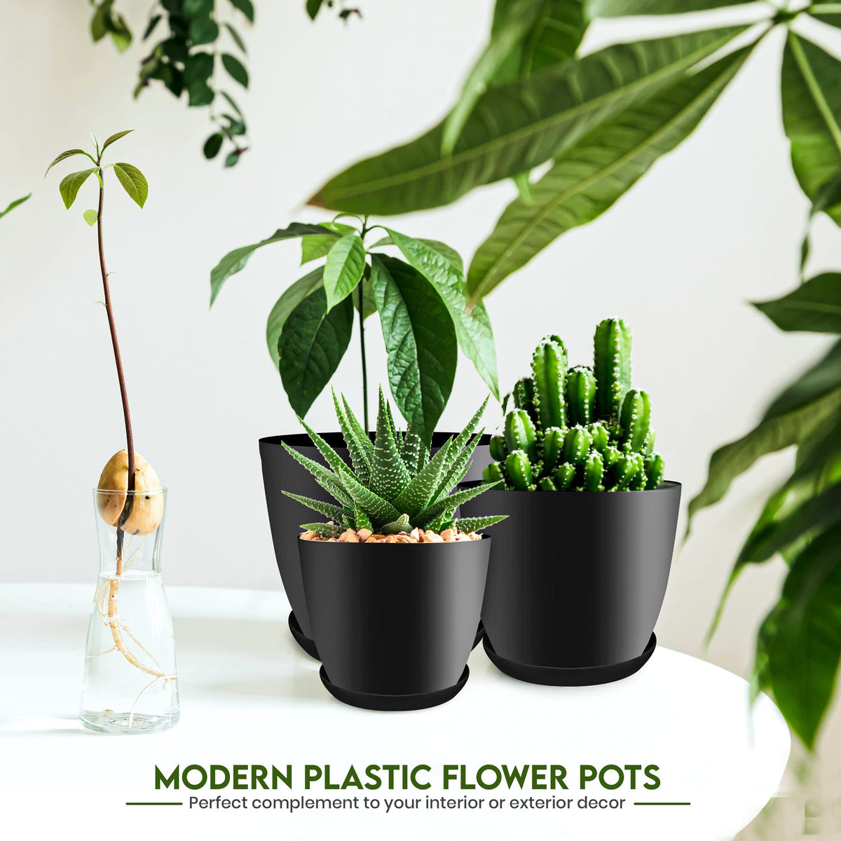 Plant Pots Indoor with Drainage, 5 Pack Multi-Size Planters Set, Black