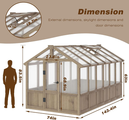 Mupater 6'x12' Wooden Polycarbonate Greenhouse,Outdoor with Ventilated Window and Lockable Door
