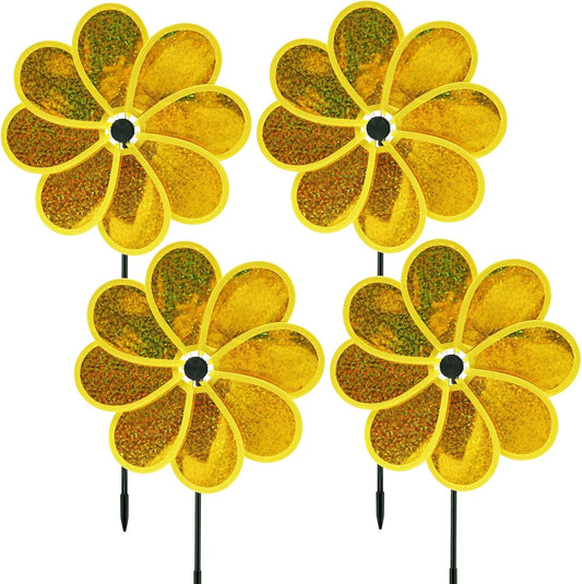 4PCS Flower Wind Spinner Sparkly Lawn Pinwheel 11.8 inch Yellow Garden Windmill for Garden, Party