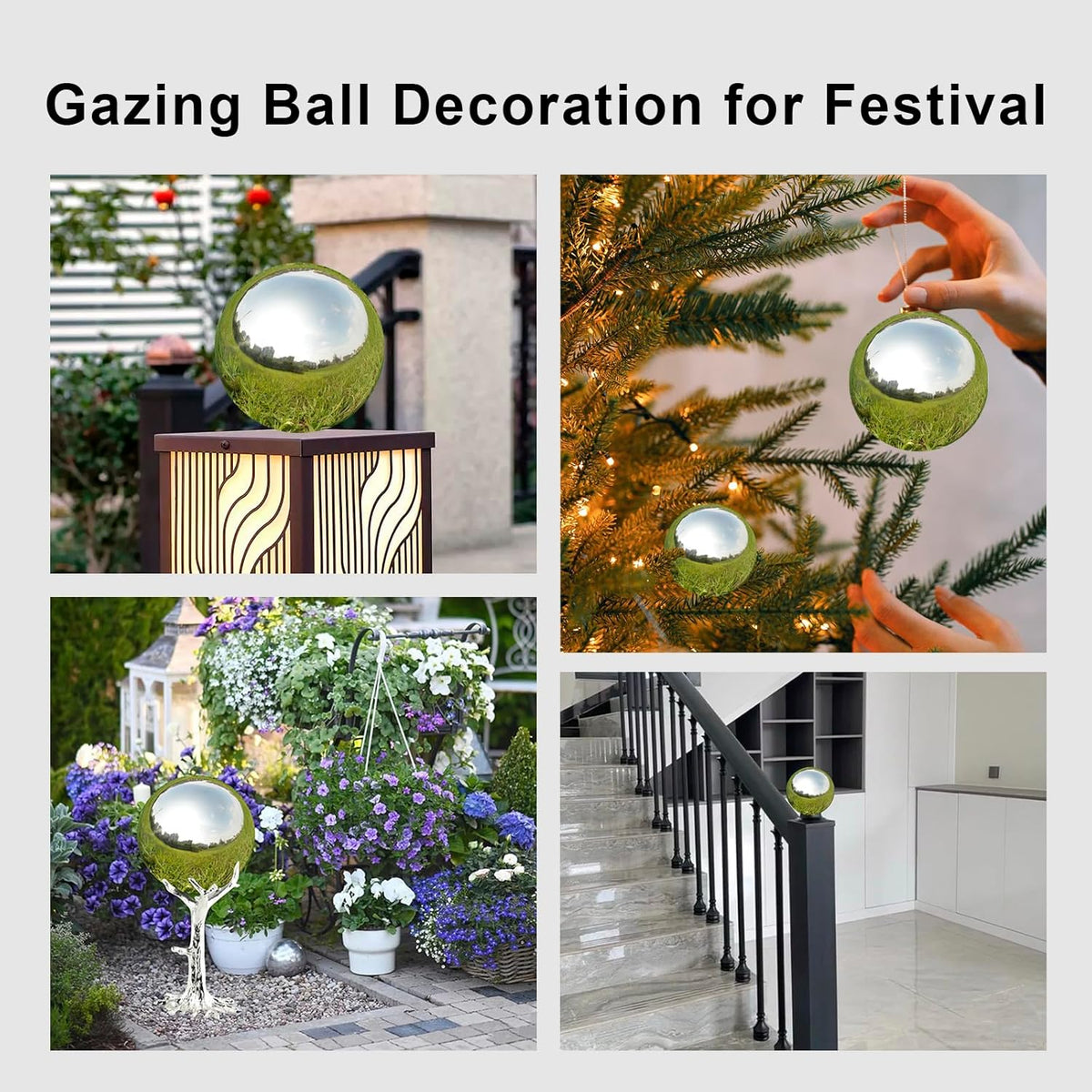Nerien Gazing Ball, Stainless Steel Garden Mirror Globe, Polished Ornament Sphere, Hollow Floating