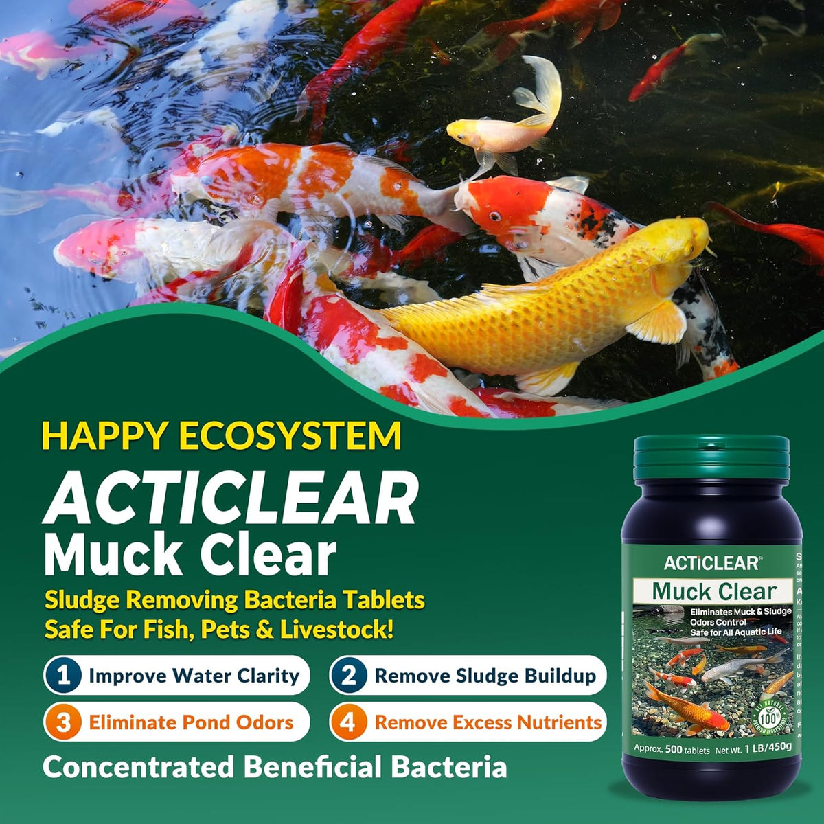 Muck Clear – Natural Pond Sludge Treatment, 2 LB for Ponds, Fountains & Bird Baths, Beneficial