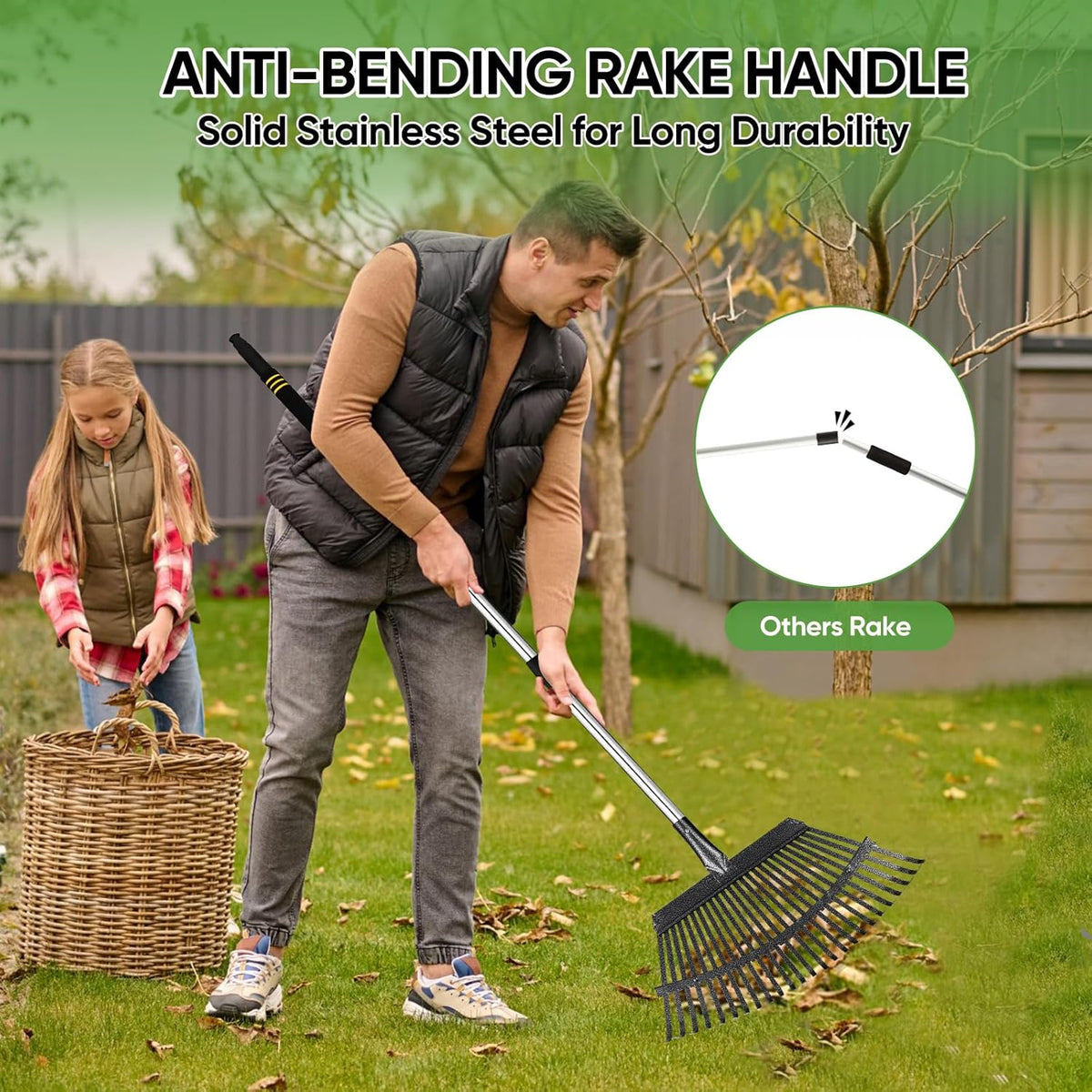 Rake Heavy Duty 6FT Long Garden Rake , 18.5 Inch Wide, 25 Metal Tines, Adjustable Stainless Steel