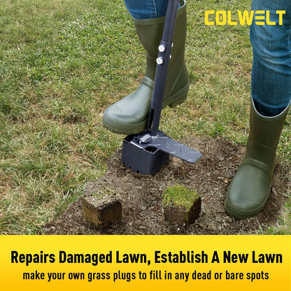 Colwelt Sod Plugger Tool 36-INCH, Grass Plug Tool 3 x 3 Square with Serrated Base, Long Handle Bulb