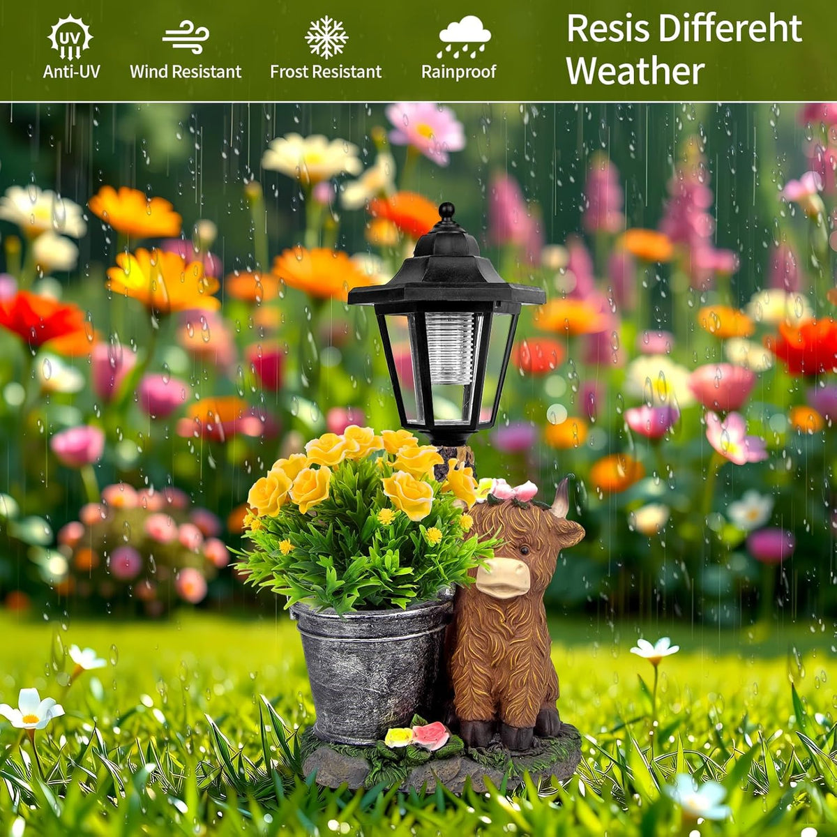 Solar Highland Cow Outdoor Statues, Garden Sculptures with Flowerpot Decor & Solar Lantern for Yard