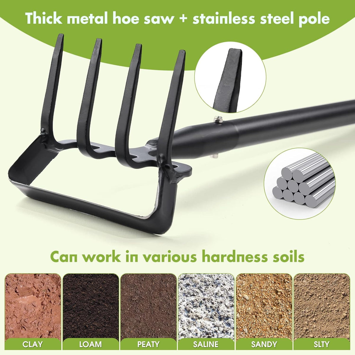 Weed Puller Gardening Tools, Hula Garden Hoe and 4 Tines Rake 2-in-1 Garden Tools for Weeding