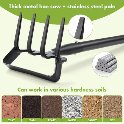 Weed Puller Gardening Tools, Hula Garden Hoe and 4 Tines Rake 2-in-1 Garden Tools for Weeding