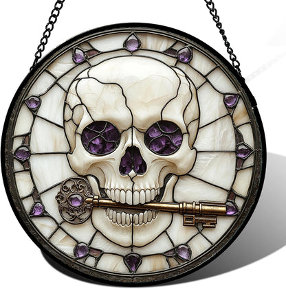 Stained Glass Window Hanging - Halloween Scary Skull Suncatcher for Doors Garden Home Spooky Purple