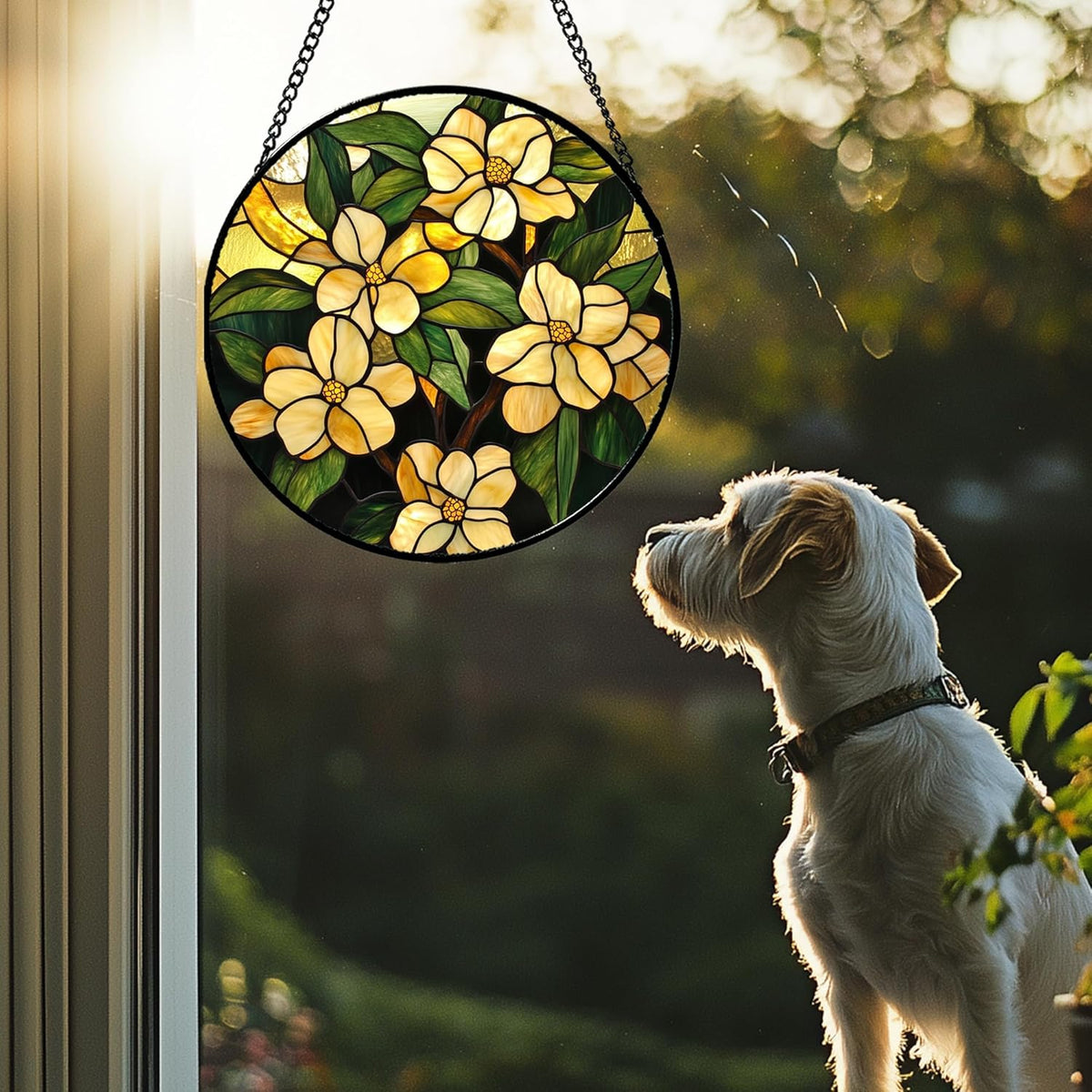 Stained Glass Window Hanging - Yellow Flower Green Leaf Suncatcher for Doors Garden Patio Fall