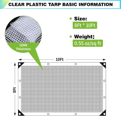 8Ftx10Ft Clear Greenhouse Plastic Covering, 16Mil Thickness Heavy Duty Clear tarp for Chicken coop