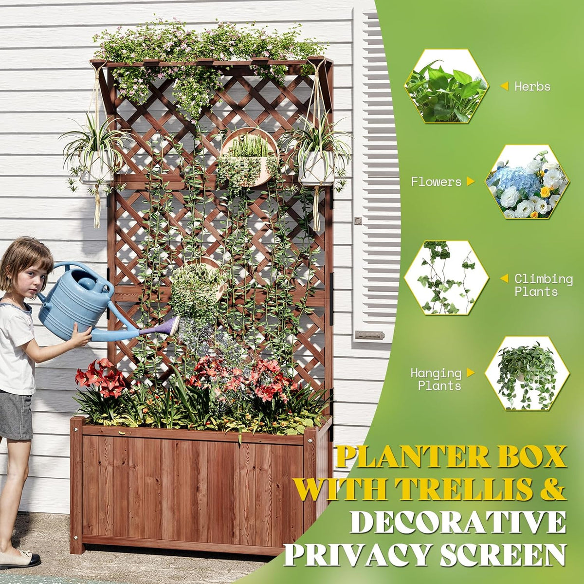 AMERLIFE 2 Pack Raised Garden Bed with Trellis for Vegetables, Climbing Plants, Durable Natural