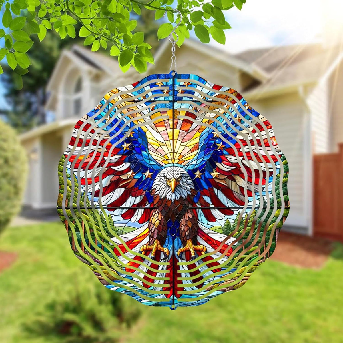 10 Inch 3D Flag Eagle Wind Spinner, Unique Metal Hanging Kinetic Wind Sculpture Gifts for Women Mom