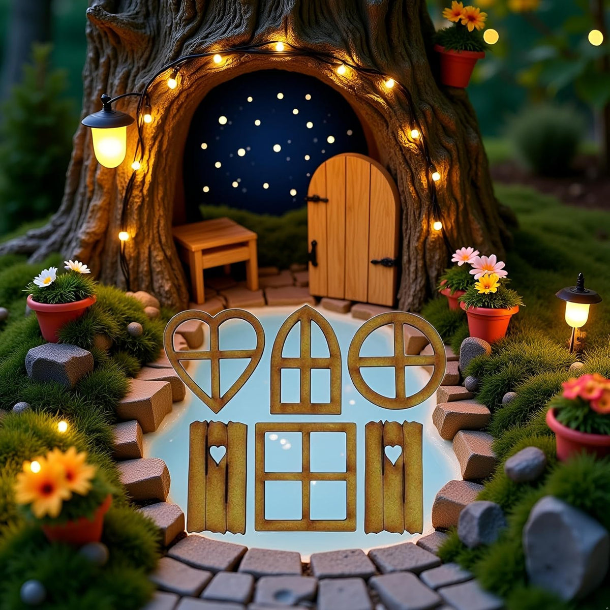 6Pcs Brown Wooden Fairy Garden Door, Blank Door Fairy House Doors and Windows Ornaments Tree