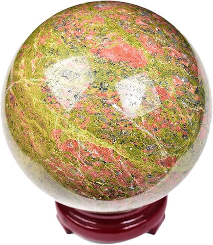 JIC Gem Large Real Crystal Ball with Decoation Stand Unakite Gemstone Sphere Ball for Meditation