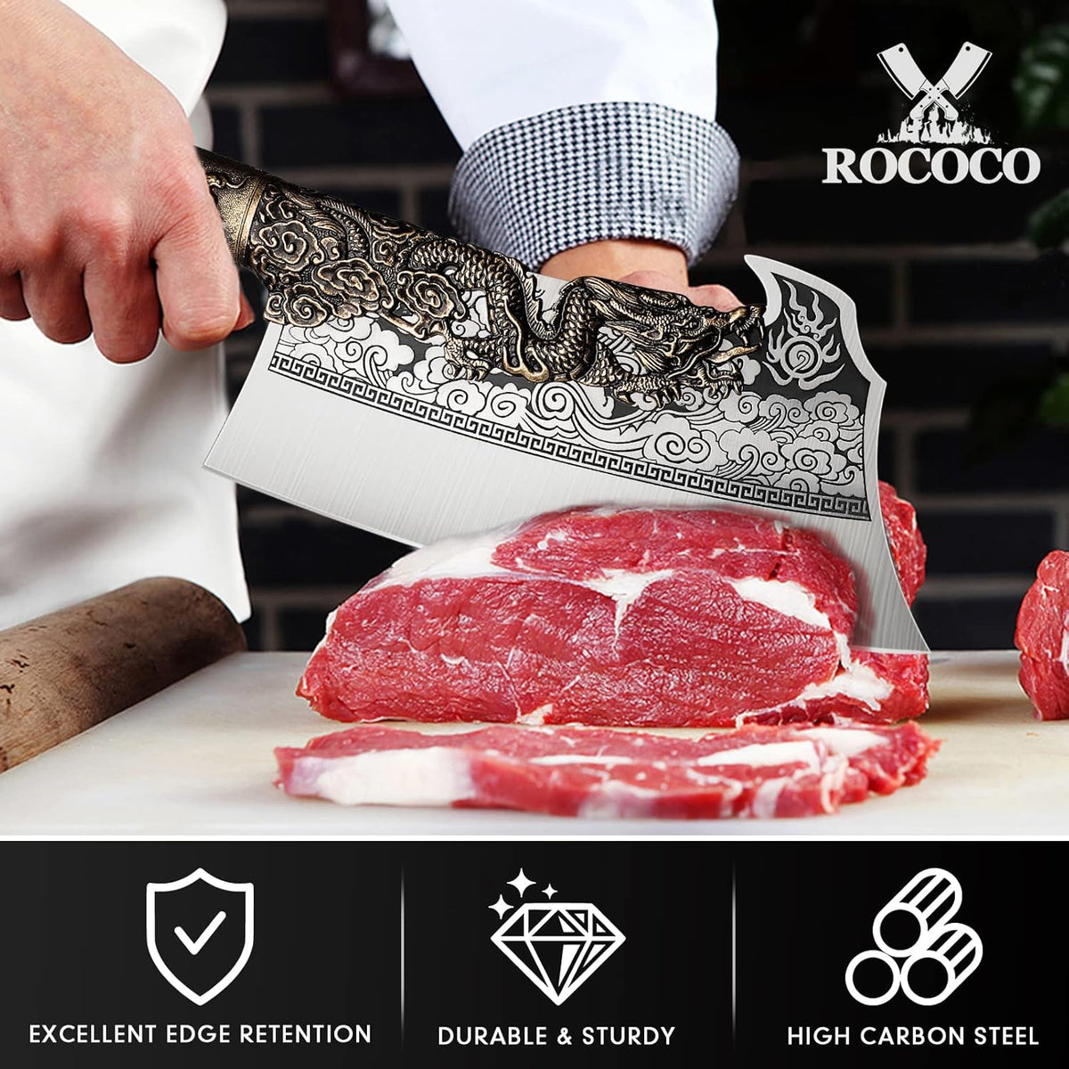 ROCOCO 2lb Dragon Butcher Knife Heavey Duty Cleaver Knife for Meat Bone Cutting 9.5" Cool Big