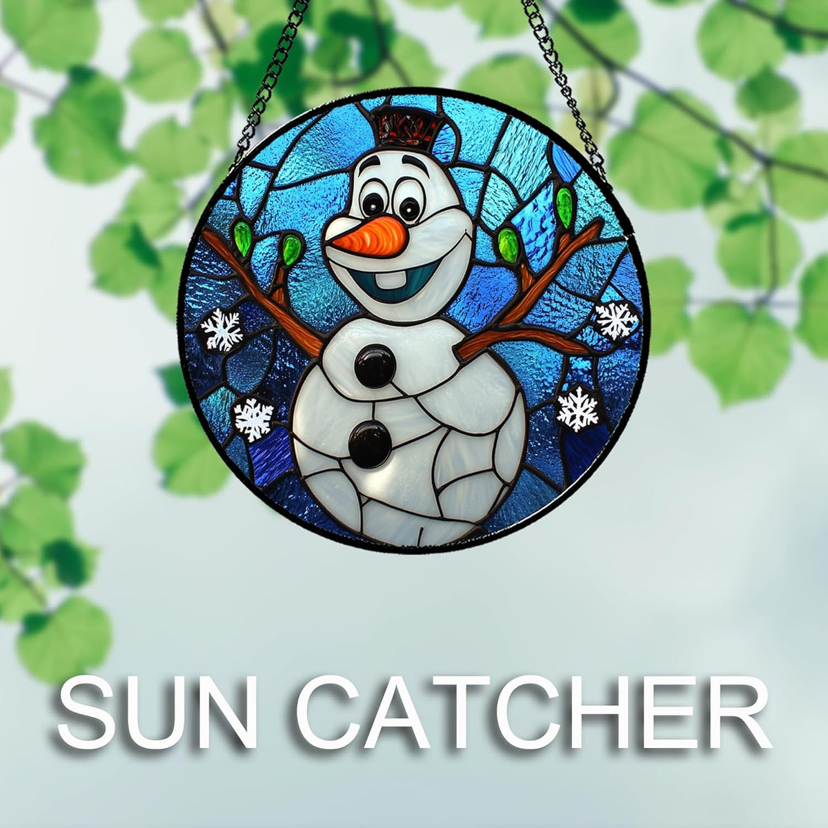 Stained Glass Window Hanging Christmas Funny Snowman 6.3" - Suncatcher Door Garden Blue White