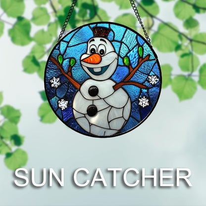 Stained Glass Window Hanging Christmas Funny Snowman 6.3" - Suncatcher Door Garden Blue White