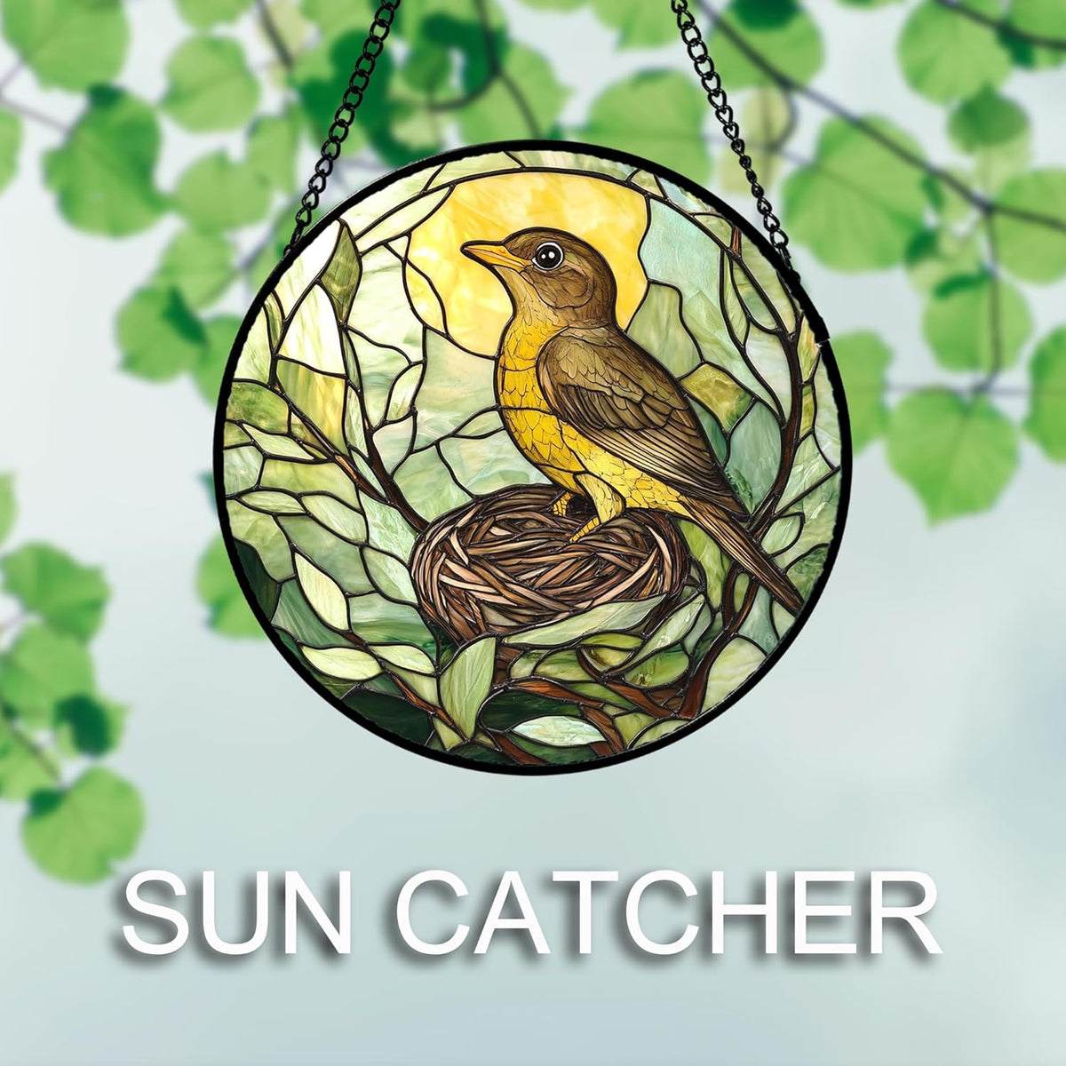 Stained Glass Window Hanging 4 Pcs Set Bird Theme On Branch 9.8" - Cardinal Suncatcher Door Garden