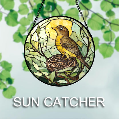 Stained Glass Window Hanging 4 Pcs Set Bird Theme On Branch Large 11.8" - Cardinal Suncatcher Door