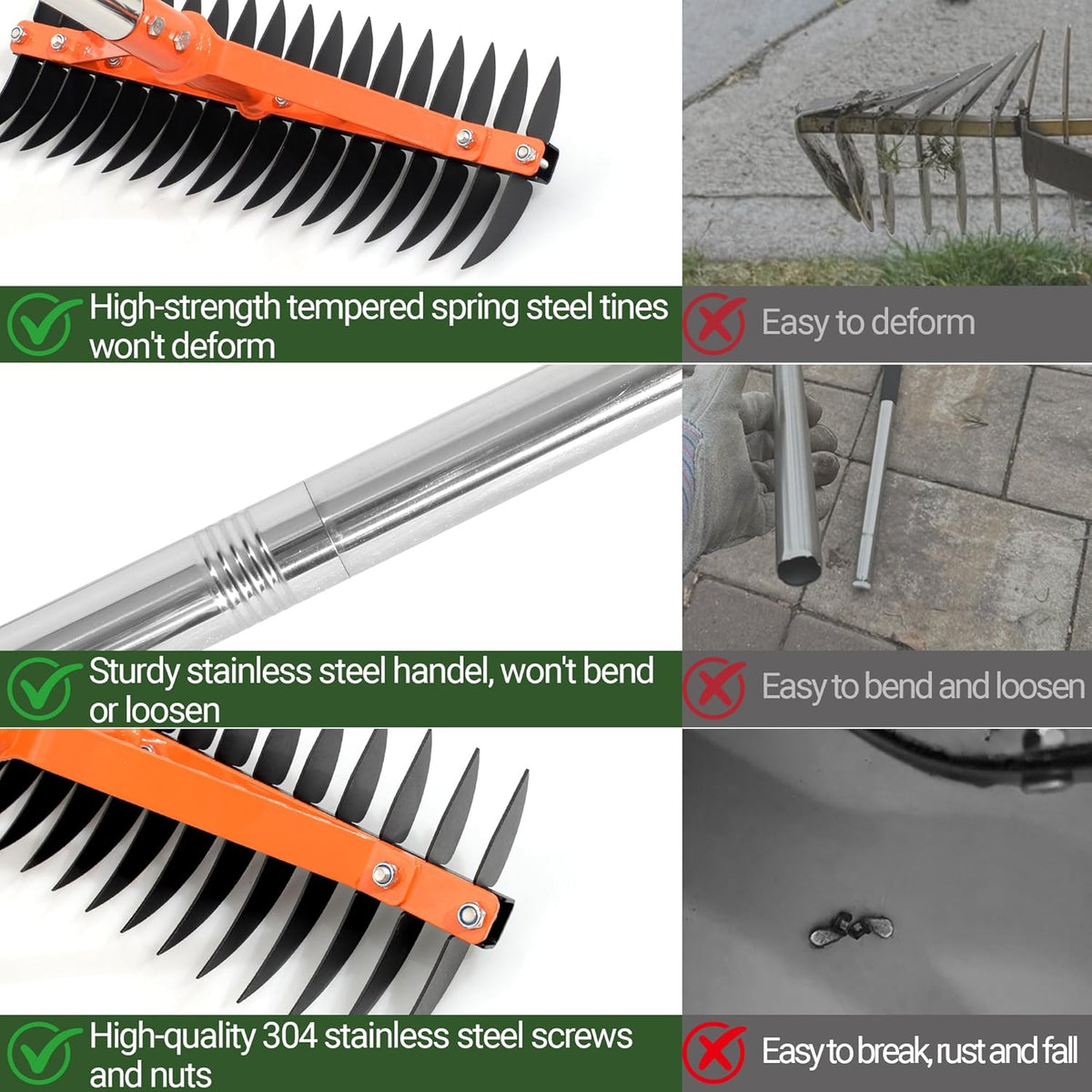 Thatch Rake for Lawns 18 Sharp Tempered Spring Steel Tines Dethatcher Rake Heavy Duty Dethatching