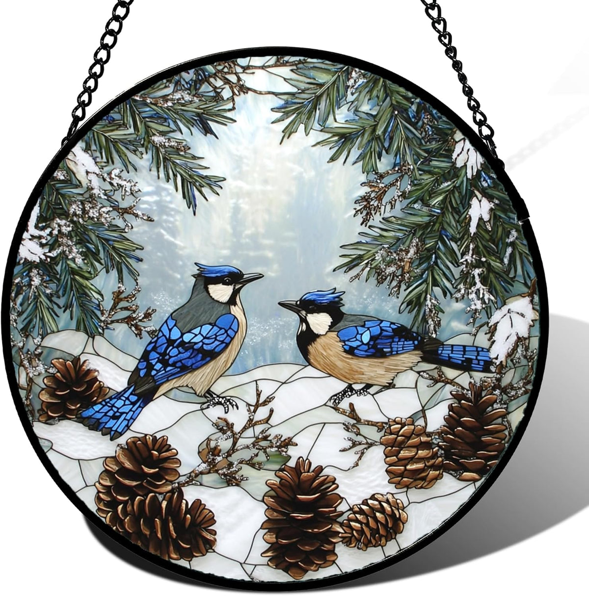 Stained Glass Window Hanging - Blue Bird Winter Forest Landscape Suncatcher for Door Garden Yard