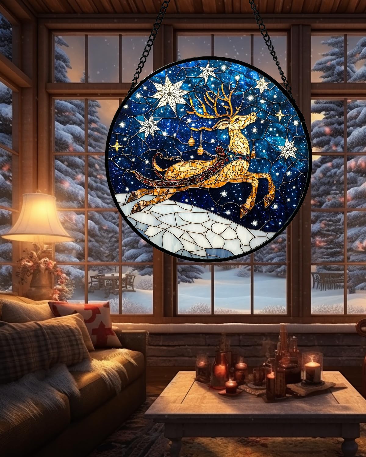 Stained Glass Window Hanging - Reindeer Blue Starry Sky Suncatcher for Doors Home Christmas