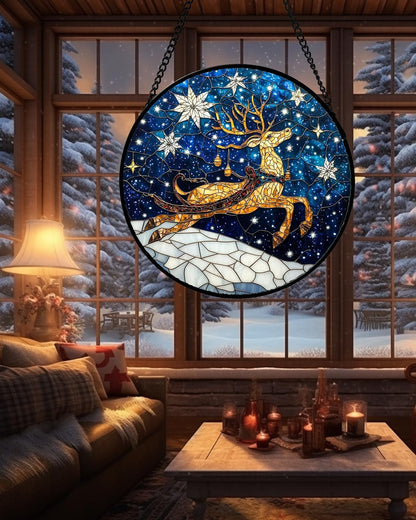 Stained Glass Window Hanging - Reindeer Blue Starry Sky Suncatcher for Doors Home Christmas