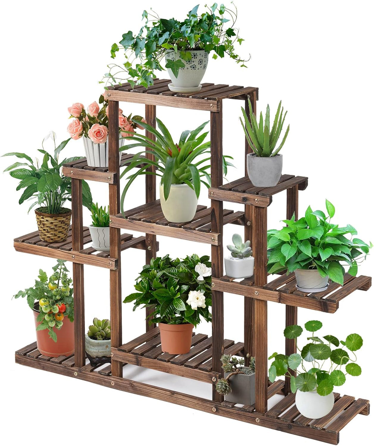 COSTWAY 6-Tier Multifunctional Wood Flower Stand, Shelf Holder for Multiple Plants, Freestanding