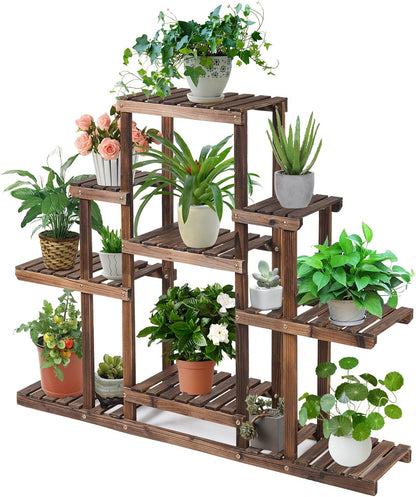 COSTWAY 6-Tier Multifunctional Wood Flower Stand, Shelf Holder for Multiple Plants, Freestanding
